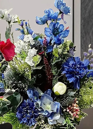 Silk blue Flower Vase Arrangement with White, Red Flowers | image 4