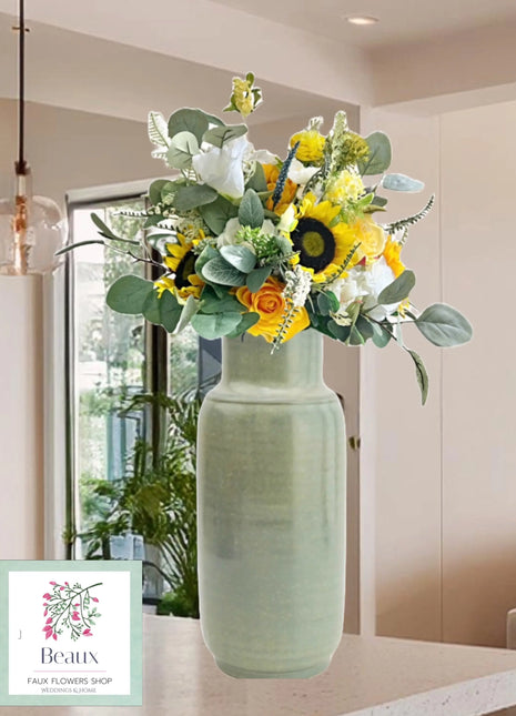 Faux Floral Arrangement in Yellow, White Rose, Sweetpea, Sunflower, Manse Driv image 0