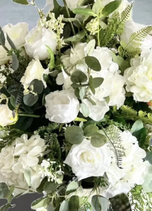 Silk white Floral vase Arrangement, Rose, Gypsophila,  Peony shades of white image 5