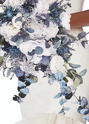 Silk Cascade Bridal Bouquet Roses, Peony in  Blue,  navy, Ivory image 4
