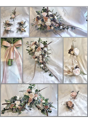 Scottish bridal bouquet with roses pheasant feather blush pink, grey, Ivory image 2