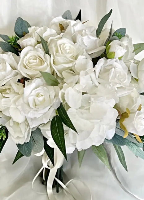 Artificial Roses, Peonies in White Ivory Round Spray Bridal Bouquet | Wedding Fl image 1