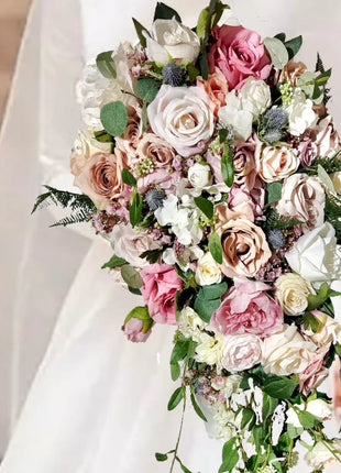 Bridal teardrop Bouquet, Artificial Wedding Flowers  in cerise ,blush pink, ivory, blue - Beaux Faux Flowers Shop