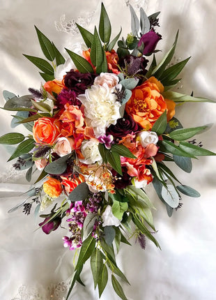 Artificial Wedding Flowers Orange, Plum, Ivory Teardrop Bridal Bouquet with Ca image 2