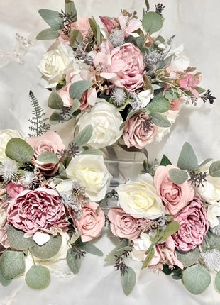 Dusky pink silk rose and grey scottish thistle bridal teardrop bouquet Beaux Faux Flowers Shop