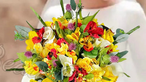 Silk daffodil, poppy  bouquet yellow, red, cerise, Ivory round  Bridal flowers image 0