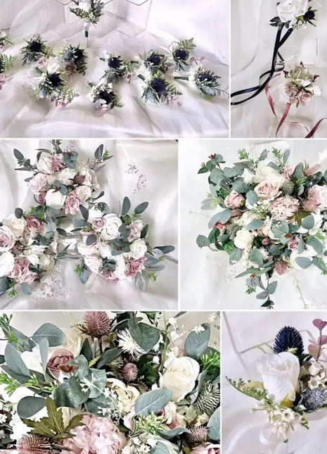 Scottish silk thistle bridal bouquet in mauve pink, ivory rose package 18pc image 0