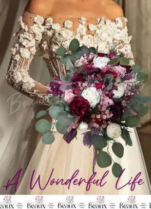 Artificial Silk Wedding loose round Bridal Flowers plum, burgundy with roses, thistles and eucalyptus Beaux Faux Flowers Shop
