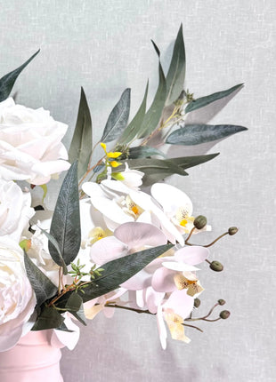 Silk Peony ivory white yellow flower Arrangement with orchid peonies, roses, Nicoli eucalyptus - Cliff View Beaux Faux Flowers Shop