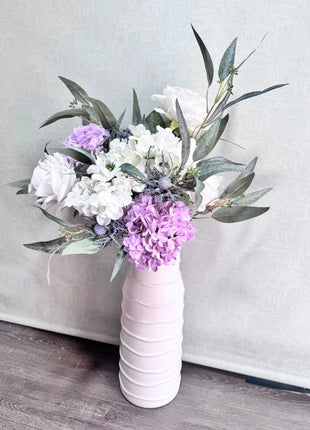Silk Peony thistle lilac flower Arrangement with White with peonies, roses, Nicoli eucalyptus - Village Gardens Beaux Faux Flowers Shop