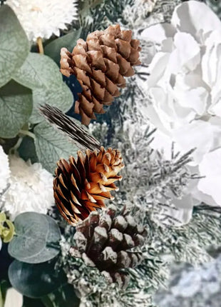 Winter  whites Floral vase decor with dahlia poms, hydrangea, Spruce pine cones  image 8