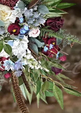 Scottish bridal bouquet with roses pheasant feather,  blue, red, Ivory blush  image 1