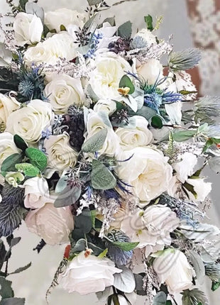 Cascading Scottish Blue Thistle Bridal Bouquet with White & Ivory silk Rose image 4
