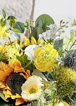 Silk sunflower, rose bouquet - yellow, amber, blue, Ivory round  Bridal flowers image 11