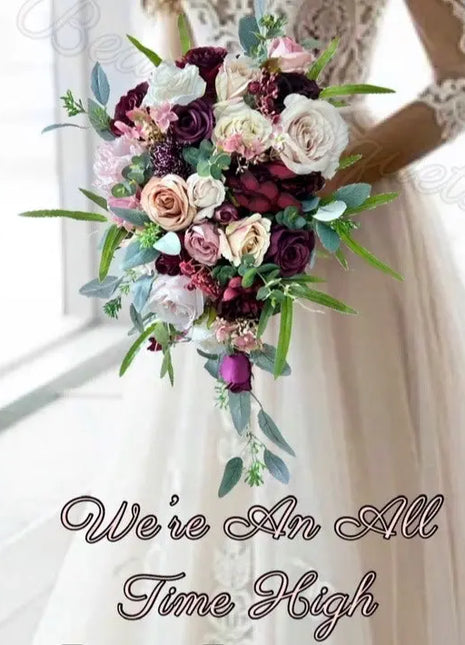 Silk Plum purple Rose, hydrangea Cascading Bridal Bouquet Wedding Flowers with Burgundy and Ivory Beaux Faux Flowers Shop