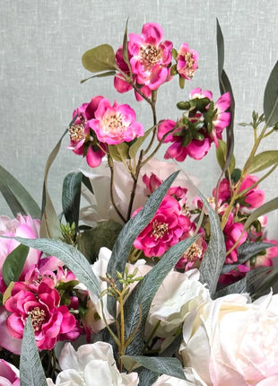 Silk Floral Peony vase Arrangement in cerise and White with peonies, roses, Nicoli eucalyptus - Villa View Beaux Faux Flowers Shop