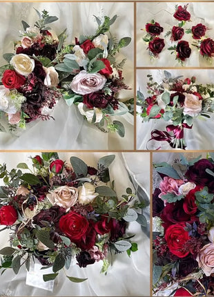 Collage of various floral bouquets with red, pink, and green flowers on a white background.