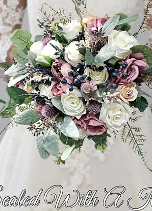 Silk Wedding Flowers in navy, ivory,, Mauve Rose, Thistle Bridal Round Bouquet image 0