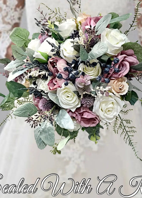 Silk Wedding Flowers in navy, ivory,, Mauve Rose, Thistle Bridal Round Bouquet image 0