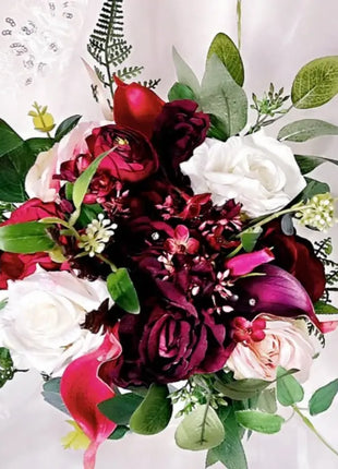 Silk Rose, Calla Cascading Bridal Bouquet Wedding Flowers in Burgundy, Ivory image 2