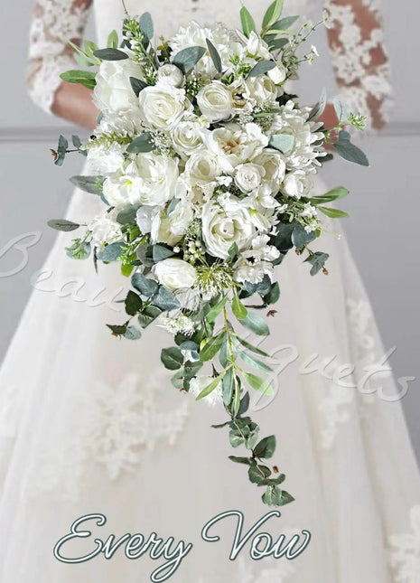 Artificial Roses, Peonies in White Ivory Teardrop Bridal Bouquet | Wedding Fl image 0