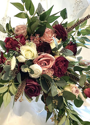 Scottish bridal bouquet with roses pheasant feather, dusky pink, red, Ivory image 1
