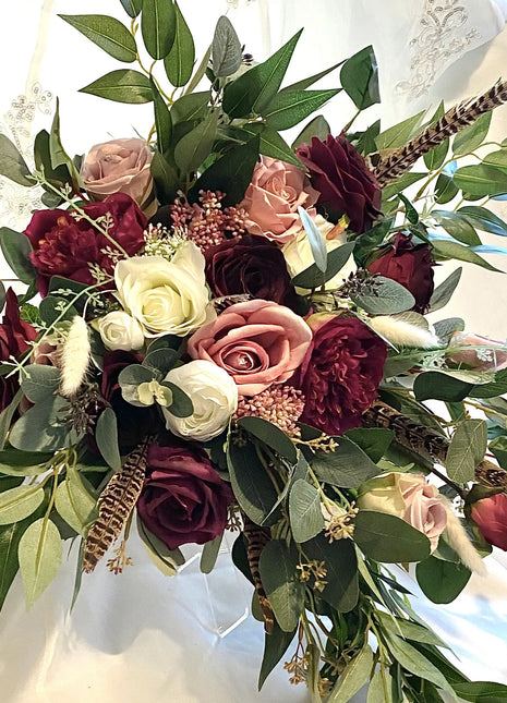 Scottish bridal bouquet with roses pheasant feather, dusky pink, red, Ivory image 1