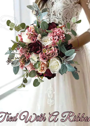 Silk Artificial Rose bouquet, pink, burgundy , Ivory round  Bridal flowers image 0