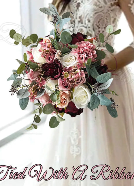 Silk Artificial Rose bouquet, pink, burgundy , Ivory round  Bridal flowers image 0