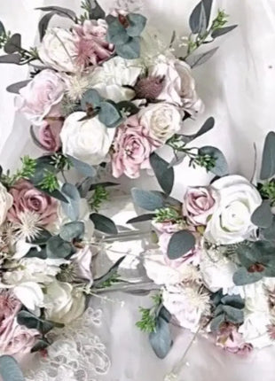 Scottish silk thistle bridal bouquet in mauve pink, ivory rose package 18pc image 3