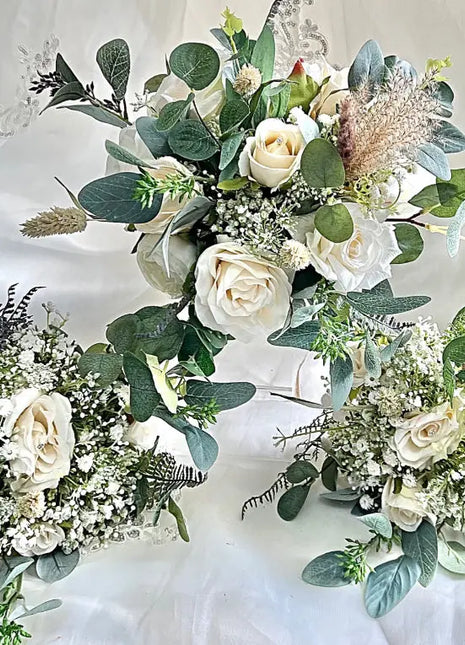 Rose, pampas Spray Bridal Bouquet in Ivory Artificial Wedding Flowers image 1