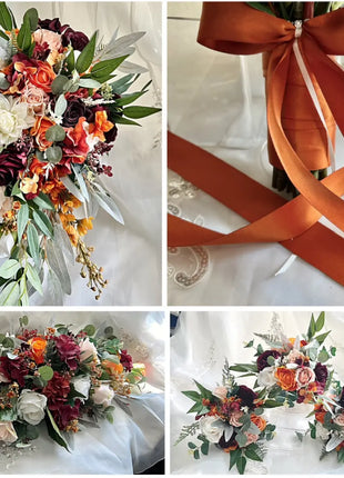 Artificial Wedding Flowers: Orange, Plum & Ivory Teardrop Bridal Bouquet with Ca image 6
