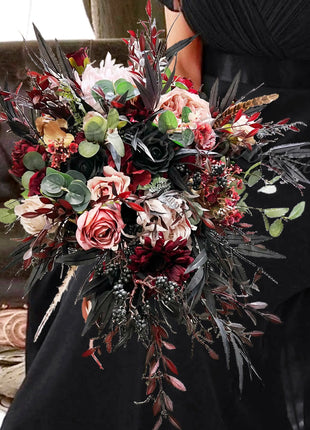 Silk Rose, black bamboo leaf Bride Bouquet Wedding Flowers | black, pink & Ivory image 4