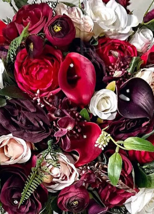 Silk Rose, Calla Cascading Bridal Bouquet Wedding Flowers in Burgundy, Ivory image 8