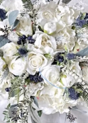 Scottish Bridal bouquet in white, Ivory,  blue with Thistle peony, roses 5pc image 5