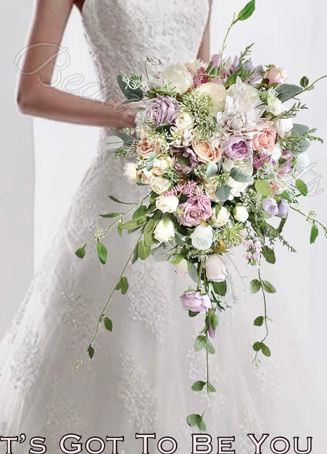 Silk Roses, hydrangea, Peony flowers -llac, pink, Ivory Teardrop Bridal Bouquet image 0