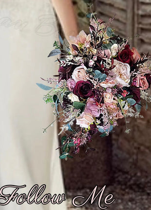 Silk Rose, pheasant feather Bride Bouquet Wedding Flowers | black, pink & Ivory image 0