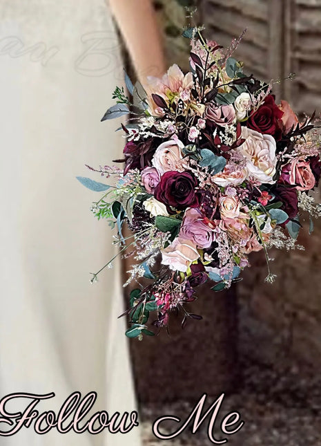 Silk Rose, pheasant feather Bride Bouquet Wedding Flowers | black, pink & Ivory image 0
