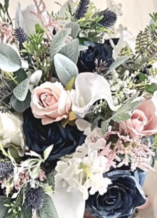 Silk Artificial Rose bouquet, blush, navy, Ivory round  Bridal flowers image 1