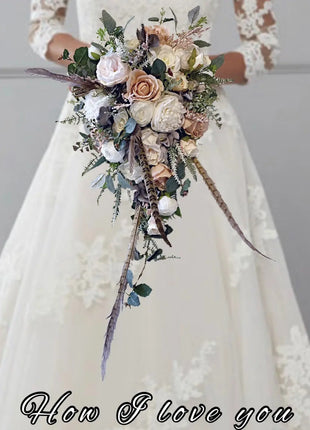 Scottish bridal bouquet with roses pheasant feather blush pink, grey, Ivory image 0