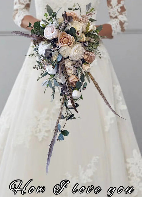 Scottish bridal bouquet with roses pheasant feather blush pink, grey, Ivory image 0