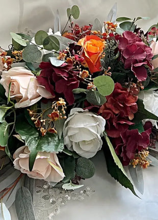 Scottish Table Arrangement with rustic roses, burnt orange, burgundy, cream Beaux Faux Flowers Shop