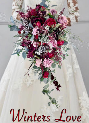 Artificial silk Wedding Flowers Burgundy, Pink, Cascading winter Bridal Bouquet image 0
