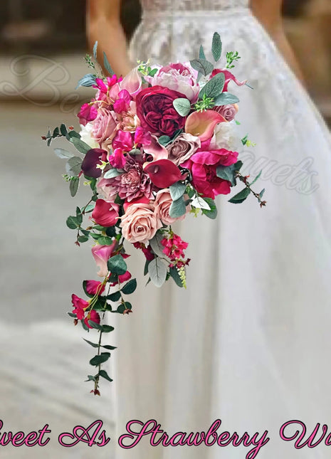 Teardrop Bridal Silk Bouquet, Cerise Pink, White, Ivory with Wild Roses, Peonies image 0
