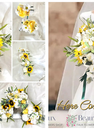sunflower Artificial  Silk bouquet  - Ivory yellow round  Bridal flowers image 6