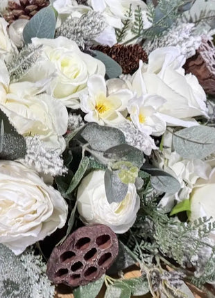 Winter, Christmas Festive table Arrangement  Cream Rose, Spruce, Fir Cones image 6