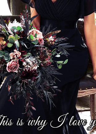 Silk Rose, black bamboo leaf Bride Bouquet Wedding Flowers | black, pink & Ivory image 1