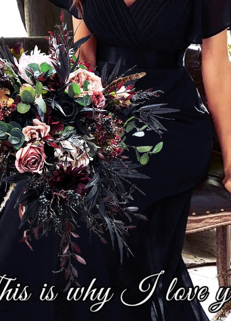 Silk Rose, black bamboo leaf Bride Bouquet Wedding Flowers | black, pink & Ivory image 1