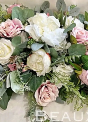 Artificial flowerTable Arrangement with blush, dusty pink and cream roses, eucalyptus, astilbe Beaux Faux Flowers Shop