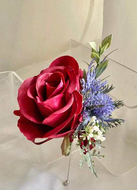 Gents, guest scottish red open rose and blue thistle buttonhole Beaux Faux Flowers Shop